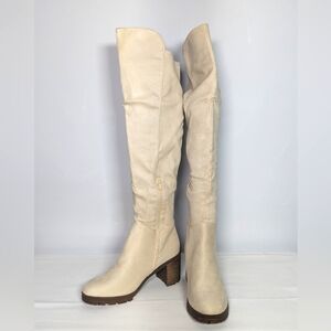 NEW Coutgo Womens Faux Suede Over Knee High Block Winter Style boot Sz 8.5 cream